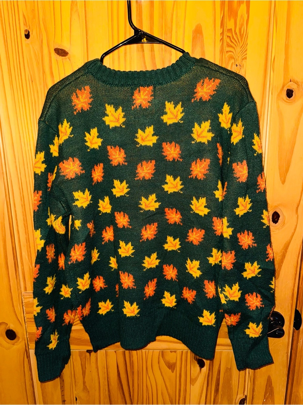 Kiel James Patrick Dark Green Crewneck Sweater with Yellow & Orange Leaf Pattern - Picture 2 of 3